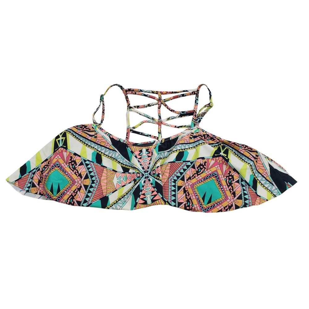 Jessica Simpson Womens‎ Geometric Flounce Bikini Top L Multicolor Strappy Back